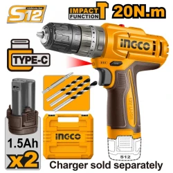 Дрель-шуруповерт ударный аккумуляторный Ingco CIDLI12206 (2 аккумулятора) flexmag.md